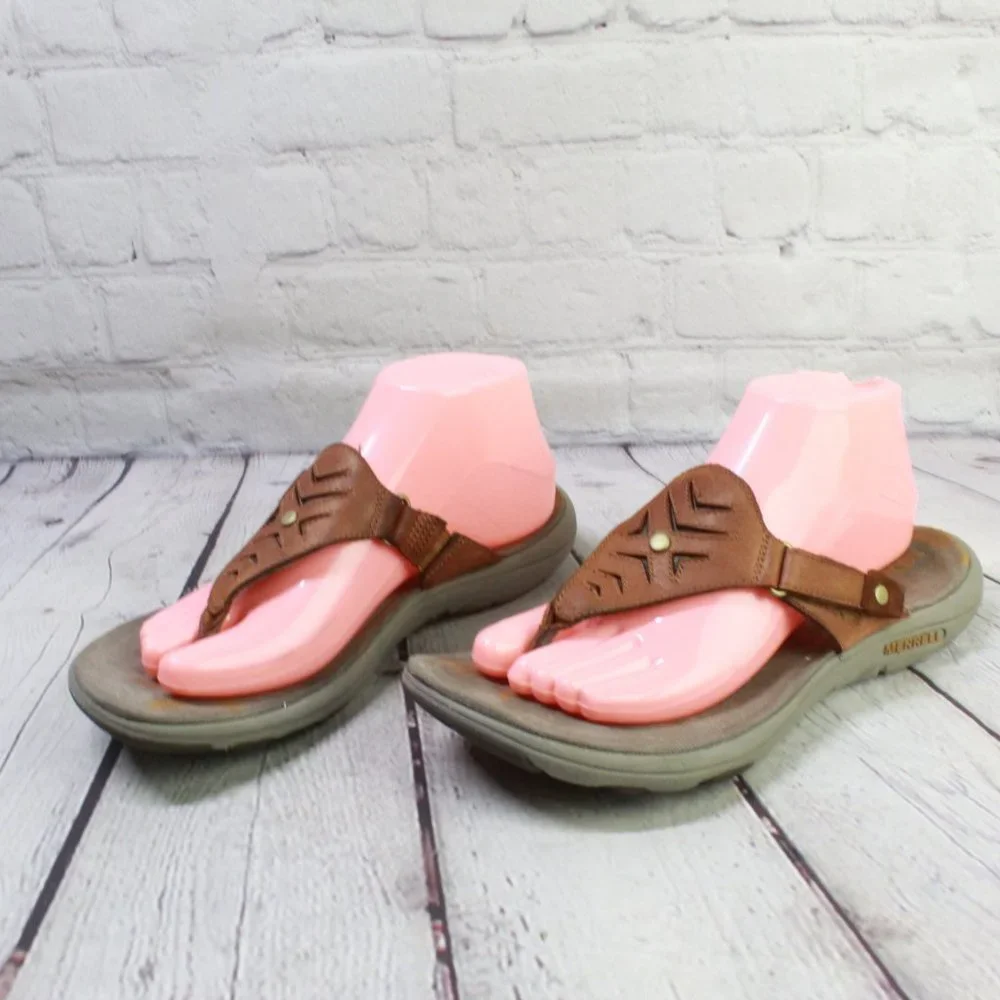 Merrell Adhera Brown Leather Casual Flats Thong Sandal Size US 9 - Picture 2 of 9